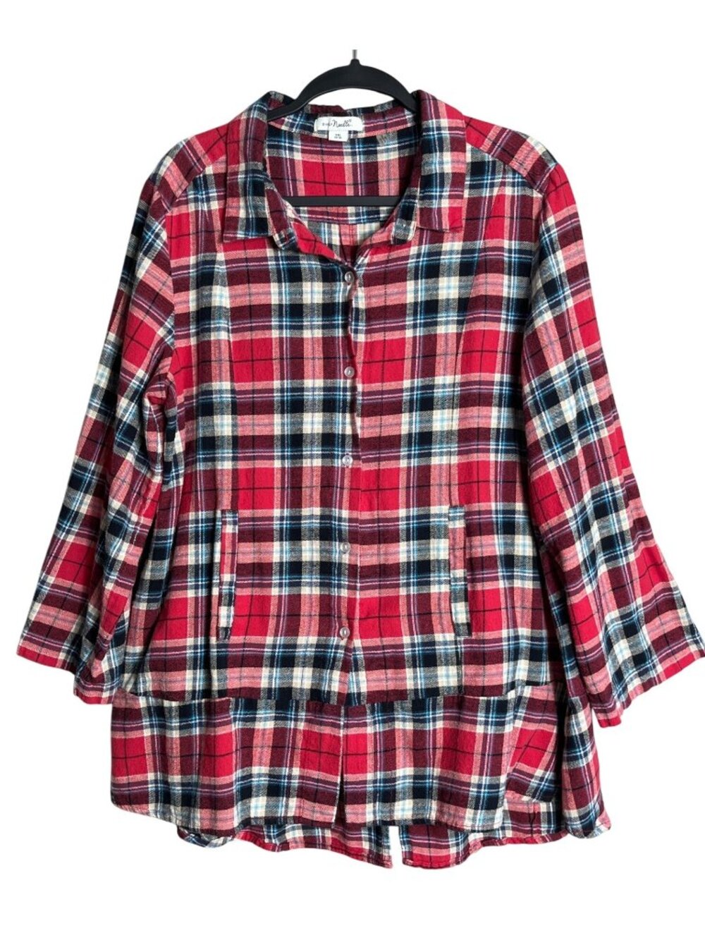 Simply Noelle Flannel Tunic Top Red Plaid Button Up Cabincore Cozy Layer Wom XXL
